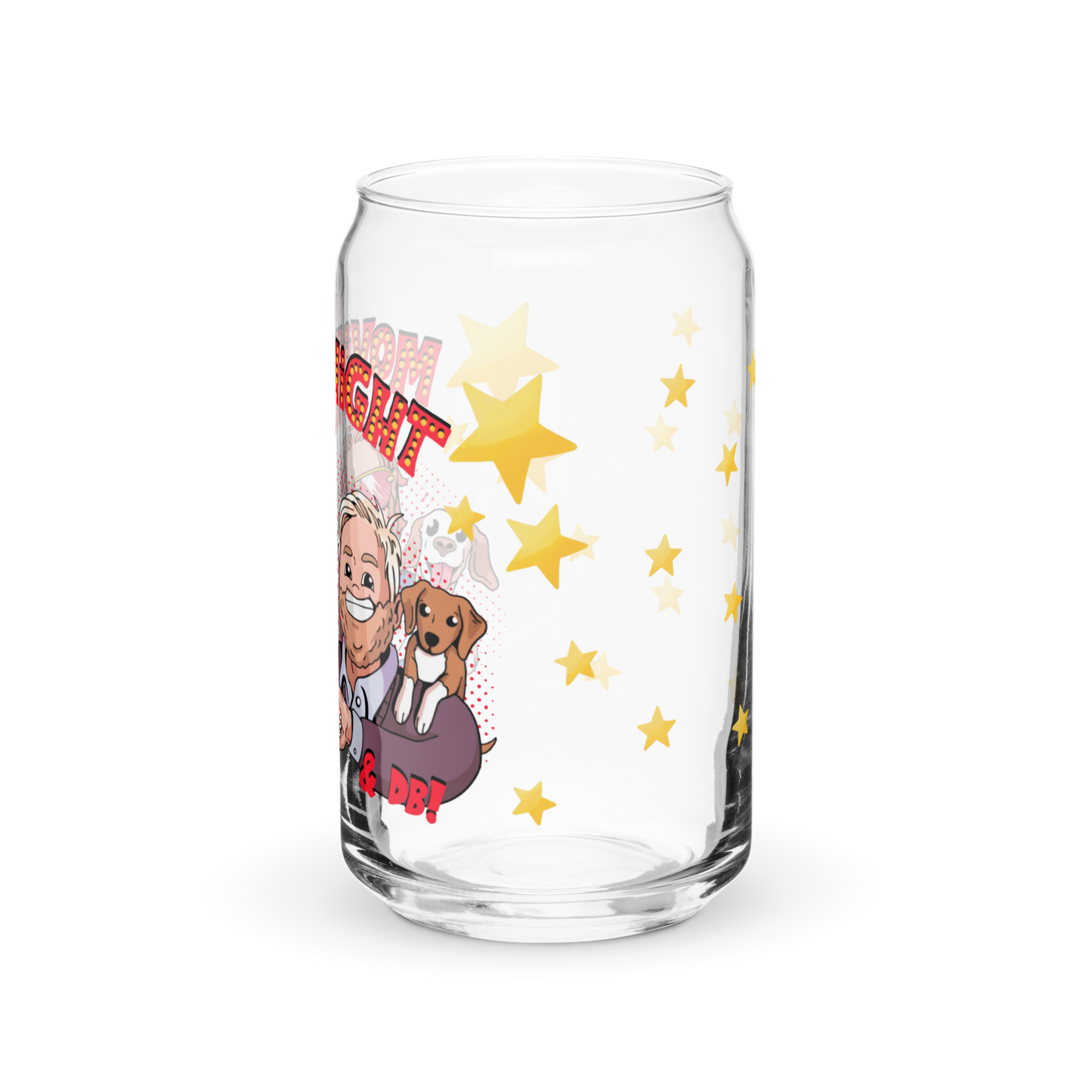 The "It's Movie Night with Big Howell and DB!" can-shaped glass