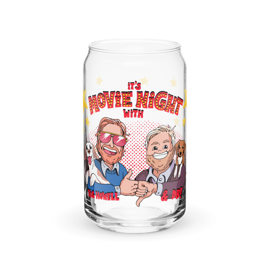 The "It's Movie Night with Big Howell and DB!" can-shaped glass